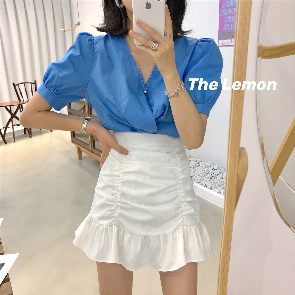 THE LEMON韩系ins泡泡袖褶皱衬衫女设计感小众时尚百搭复古上衣