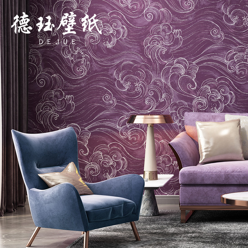 北欧紫色金色无纺布海浪祥云壁纸中式风格卧室客厅背景墙烫金墙纸