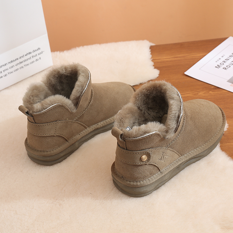 雪地靴女2022年新款冬季牛皮羊毛皮毛一体加绒低帮一脚蹬保暖棉鞋