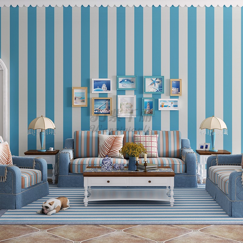 蓝色条纹墙纸 现代简约地中海风格无纺布客厅奶茶店 蓝色条纹壁纸