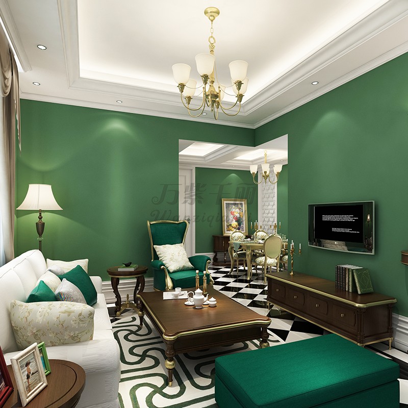 墨绿色墙纸 纯色简约复古绿环保防水无纺布客厅背景墙 墨绿色壁纸