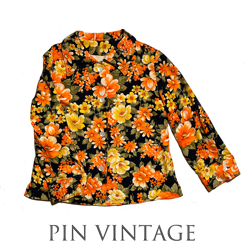 Pin vintage 1980-90s 灿烂橘色花海 昭和少女花衬衫 古着孤品