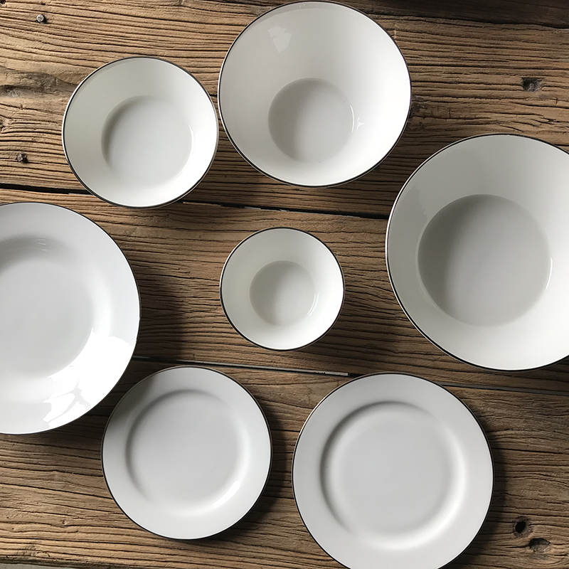 出口瑞典高级酒店西式骨瓷白金银线沙拉碗斗碗平盘汤碗盘水果碗