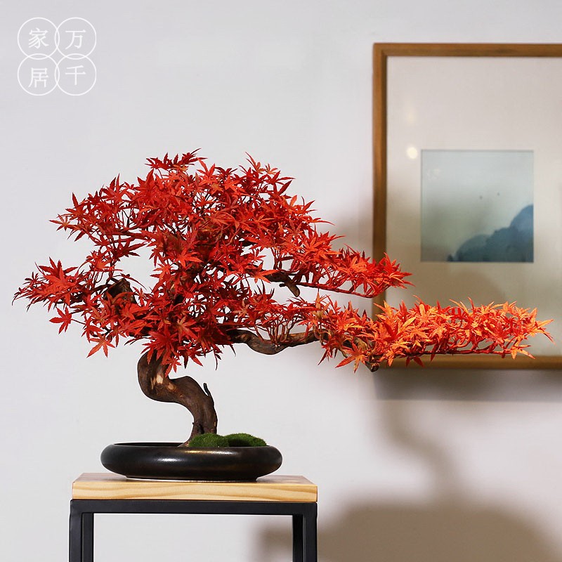 轻奢新中式仿真红枫迎客松盆景摆件 客厅玄关实木绿植家居装饰品
