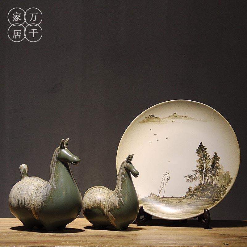 中式国画山水装饰盘 景德镇陶瓷摆件 家居客厅博古架电视柜工艺品