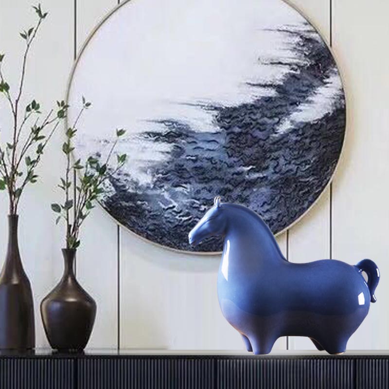 新中式蓝色釉陶瓷唐马摆件客厅电视柜博古架唐三彩动物家居装饰品