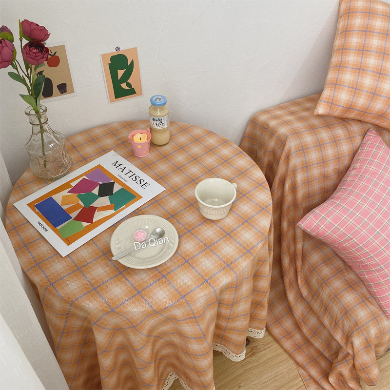 大千印象 韩国ins同款复古暖橘色格纹桌布野餐布餐垫摆拍背景沙发