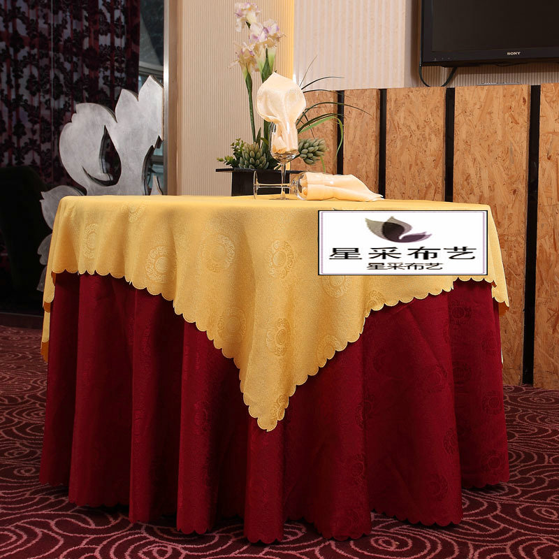 酒店餐厅桌布台布圆形长方形双层搭配黄色大红色福字花会议台裙