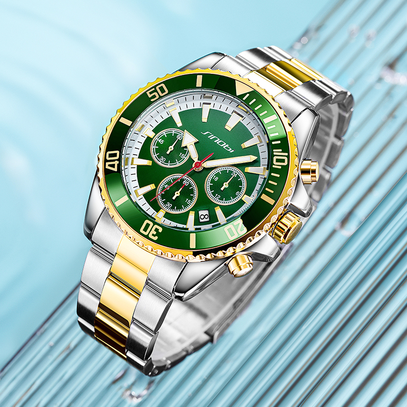时诺比轻奢男士手表绿水怪水鬼时尚防水石英日历表六针三眼钢带表