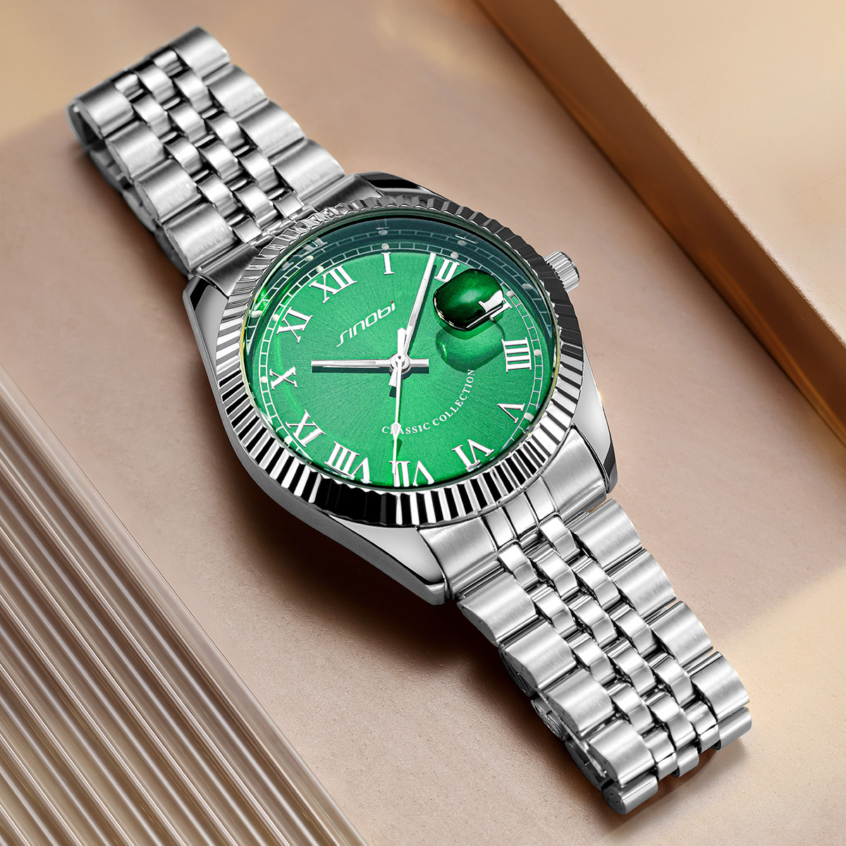 时诺比轻奢男士手表绿水怪水鬼时尚防水石英表日历表大表盘表钢带