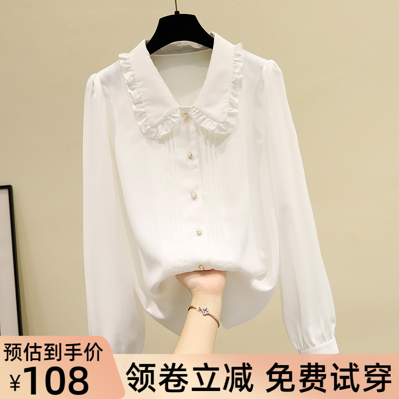 2022年夏季新款娃娃领长袖白色雪纺衬衫女设计感小众韩版洋气上衣