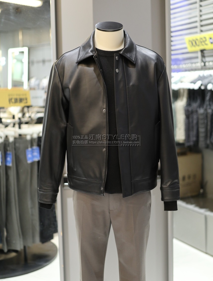 2022年春季ZIOZIA韩版黑色翻领修身纯色短款真皮羊皮青年商务皮衣