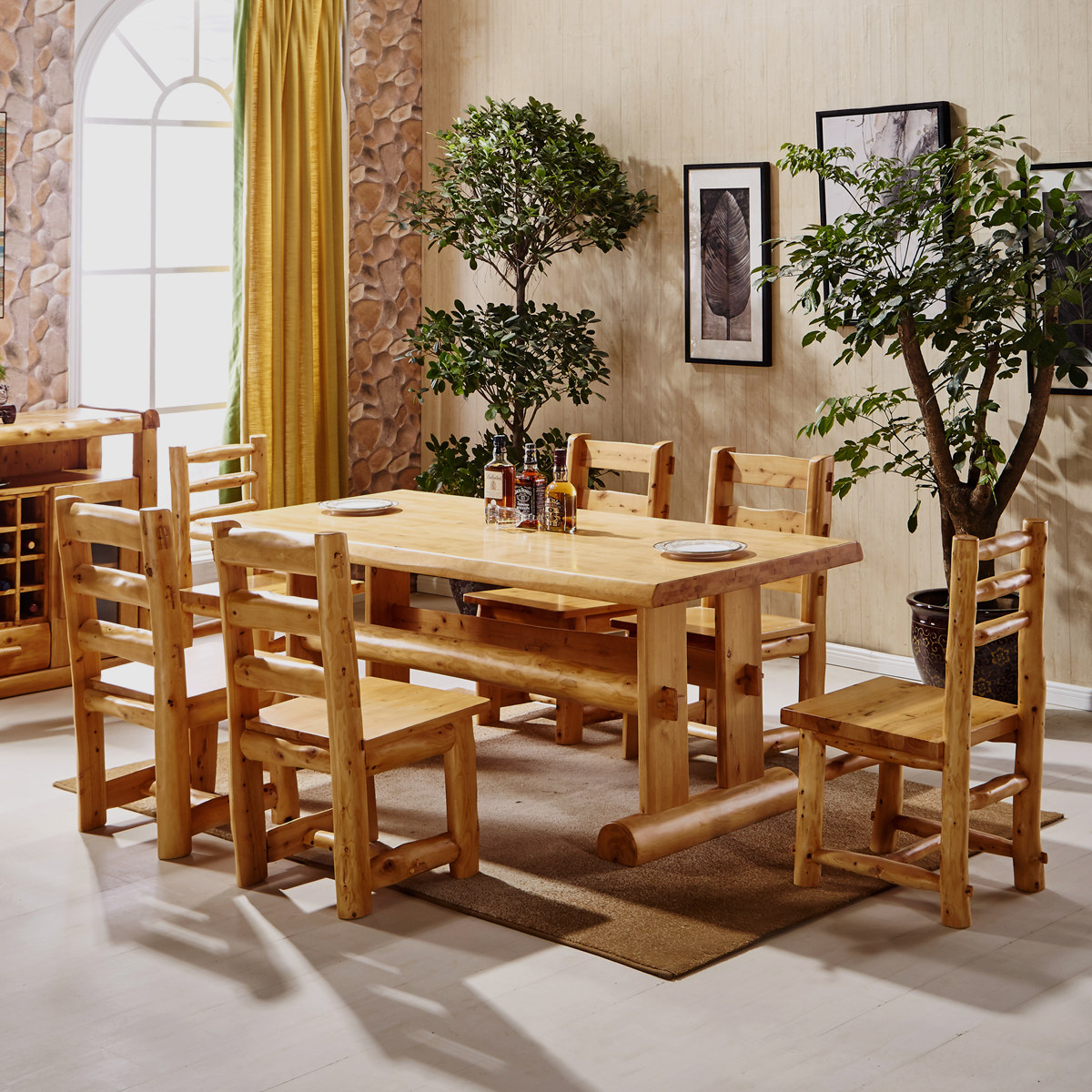 四川柏木家具原木实木桌子香柏木餐厅方桌餐桌饭桌一桌四椅六椅29