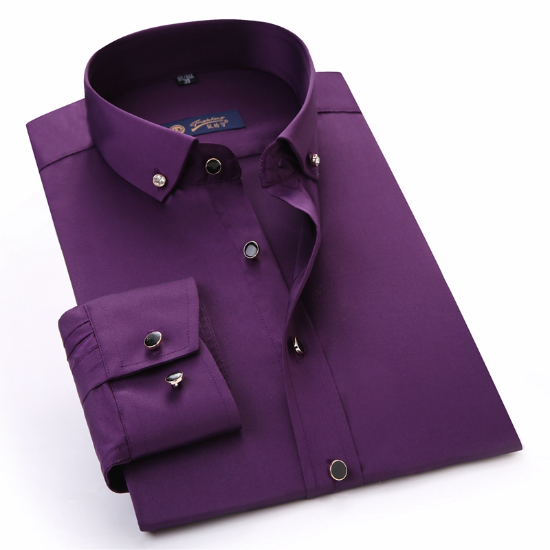 挺的亨商务休闲正装男士衬衫中年紫色衬衣韩版修身纯色寸衣113-59