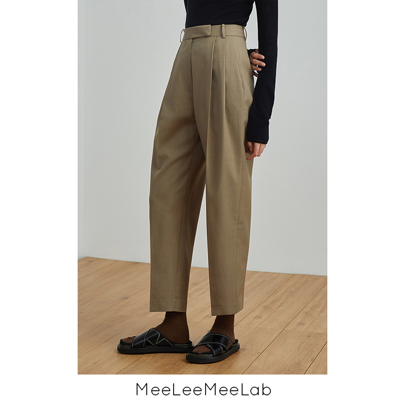 MeeLeeMeeLab 原创咖色精纺羊毛中高腰打褶九分修身高端西装裤 黑