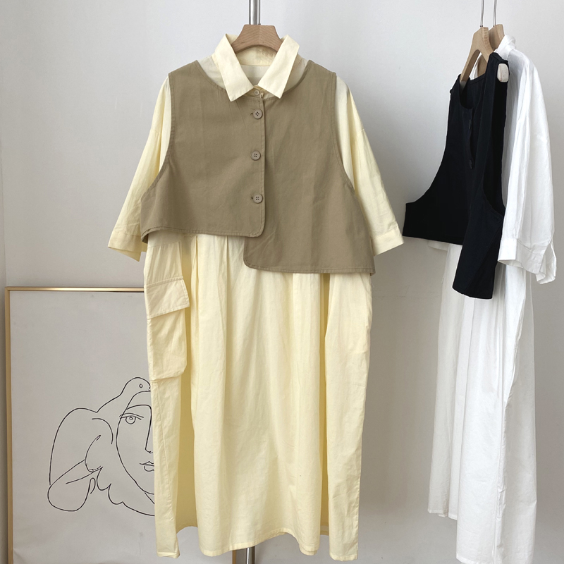 日式棉质两件套连衣裙2021夏季新款女装宽松中长款裙子马甲日系