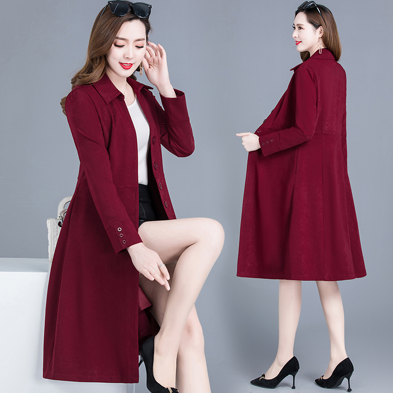 酒红色时尚风衣女2022年秋季有气质中长款女装流行韩版洋气长外套