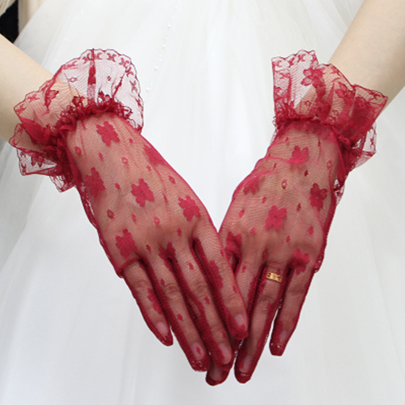 新款新娘结婚婚纱礼服配饰 酒红色 黑色蕾丝花边短款手套热卖促销