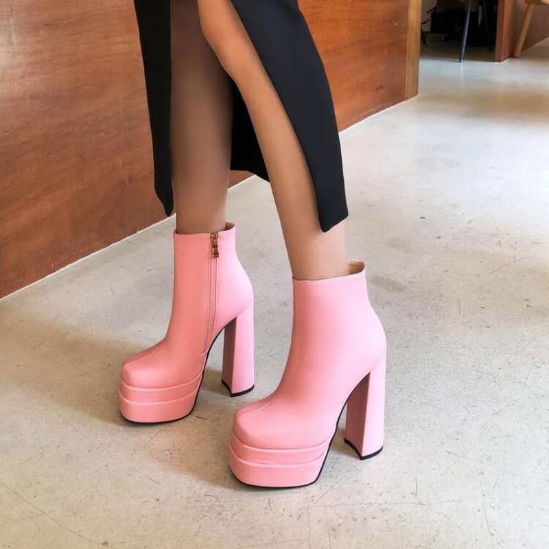 白色桃红色绿色粉色靴子女粗跟高跟短靴欧美皮靴大码小码皮鞋 LLY