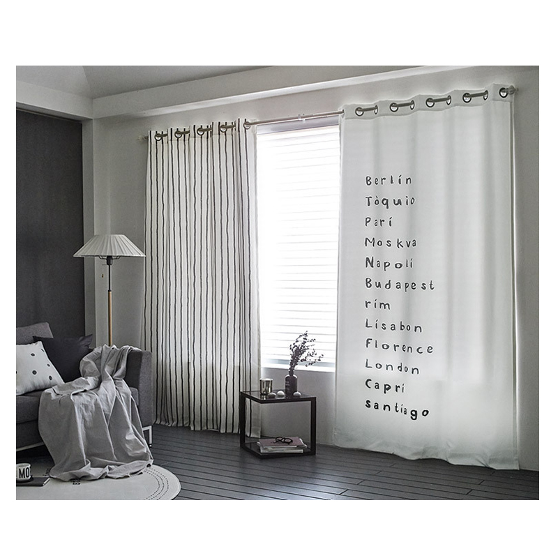 ins北欧风字母波浪条纹混搭现代简约创意个性棉麻窗帘客厅落地窗