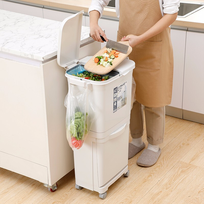 日本进口家用分类垃圾桶干湿分离带盖大号厨房收纳双层创意垃圾筒