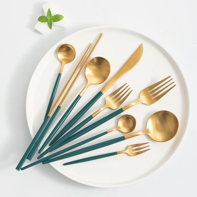 西餐牛排刀叉勺筷子全套装葡萄牙餐具304不锈钢家用网红绿色刀叉