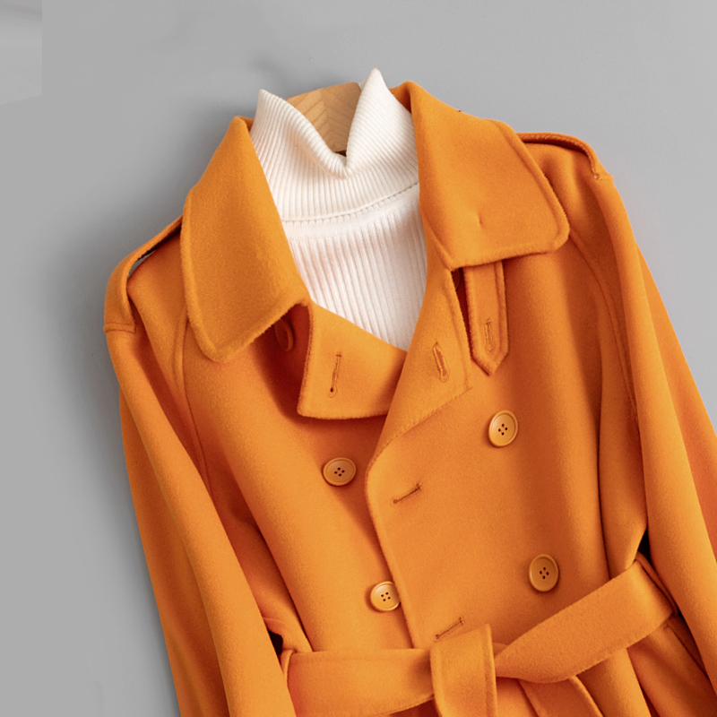 高端气质双面羊绒大衣女中长款橘色2022冬季新款韩版洋气毛呢外套