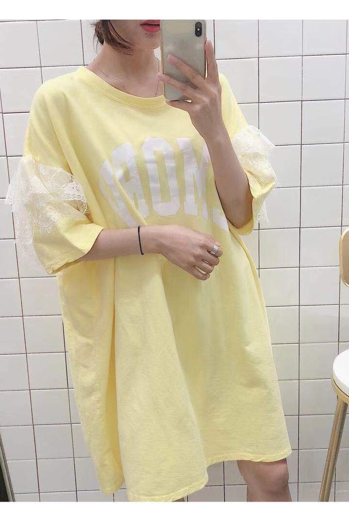 sunflower2018夏季韩版显瘦短袖中长款大T恤女宽松bf风蕾丝连衣裙