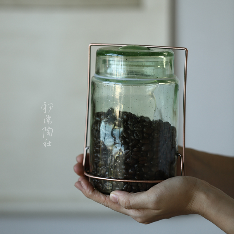 初沫陶社 复古琉璃茶叶罐绿色金属卡扣收纳密封罐咖啡茶仓储物罐