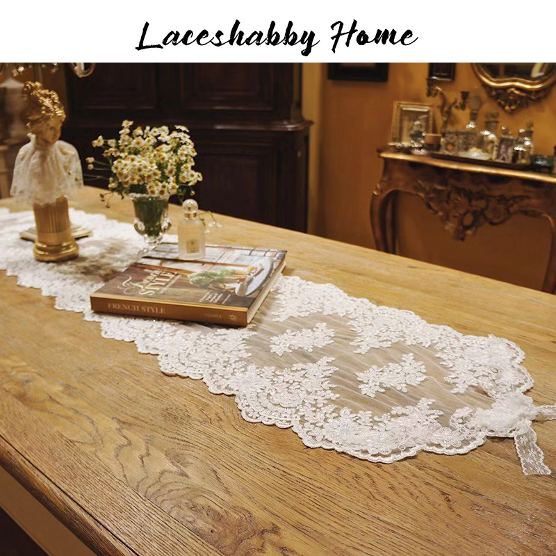 LACESHABBY新款法式轻奢水晶钉珠立体绣花蕾丝白色桌旗桌布盖巾