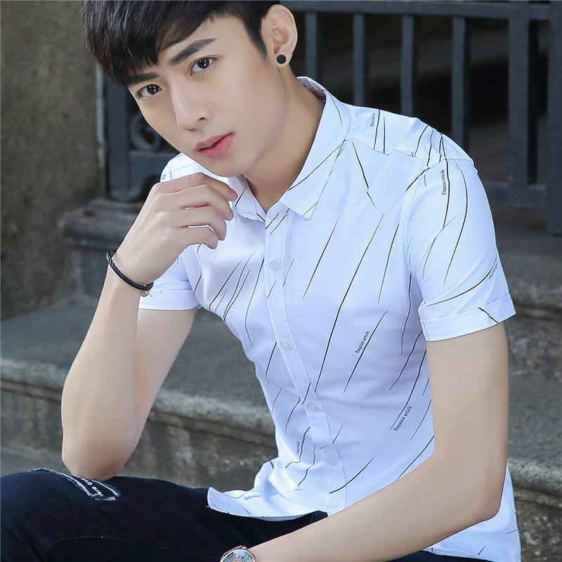 男士修身短袖衬衫韩版潮流衬衣服2022新款夏季五分袖寸衫帅气条纹