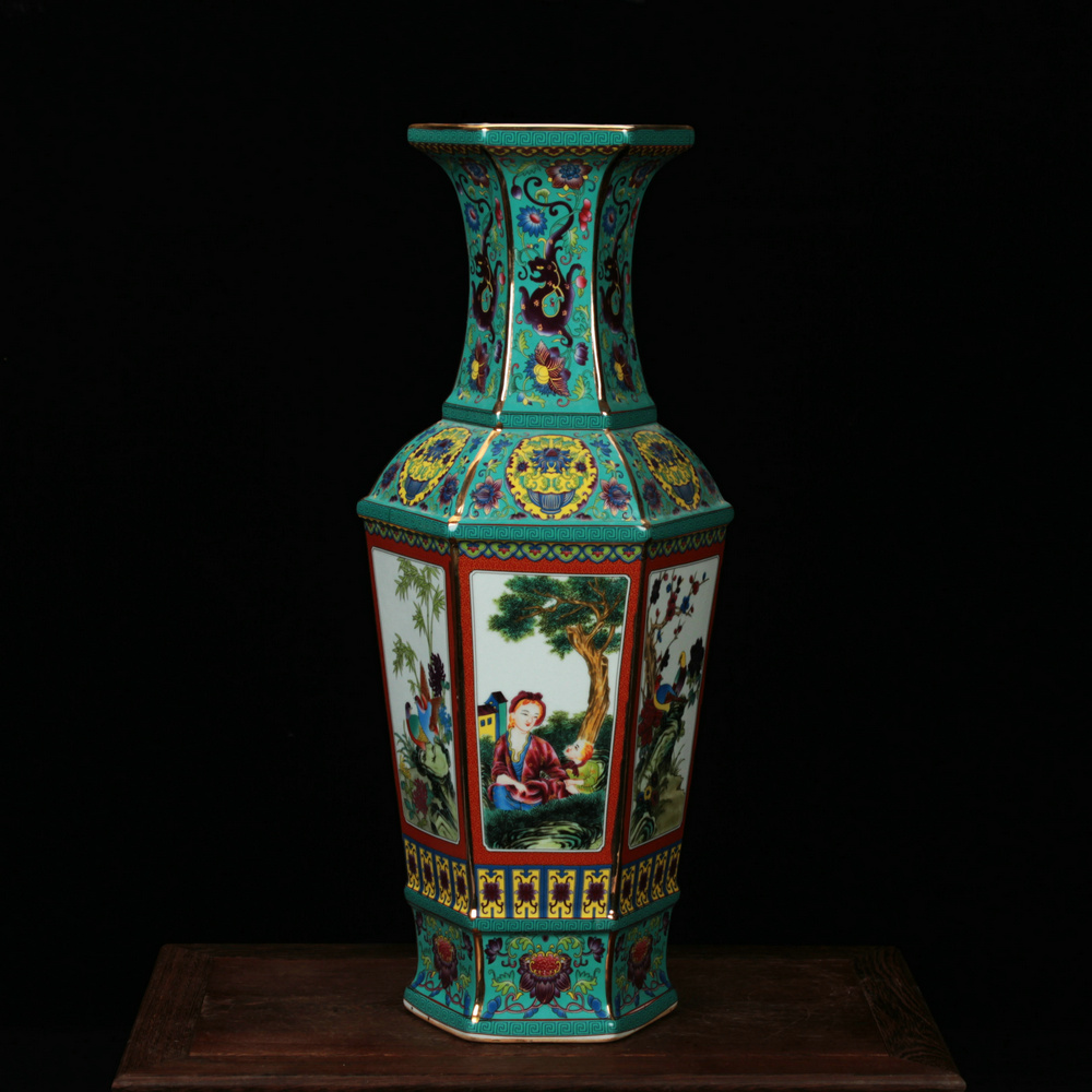 景德镇陶瓷器花瓶 仿古珐琅彩绿松石釉西洋仕女图六方花瓶工艺品