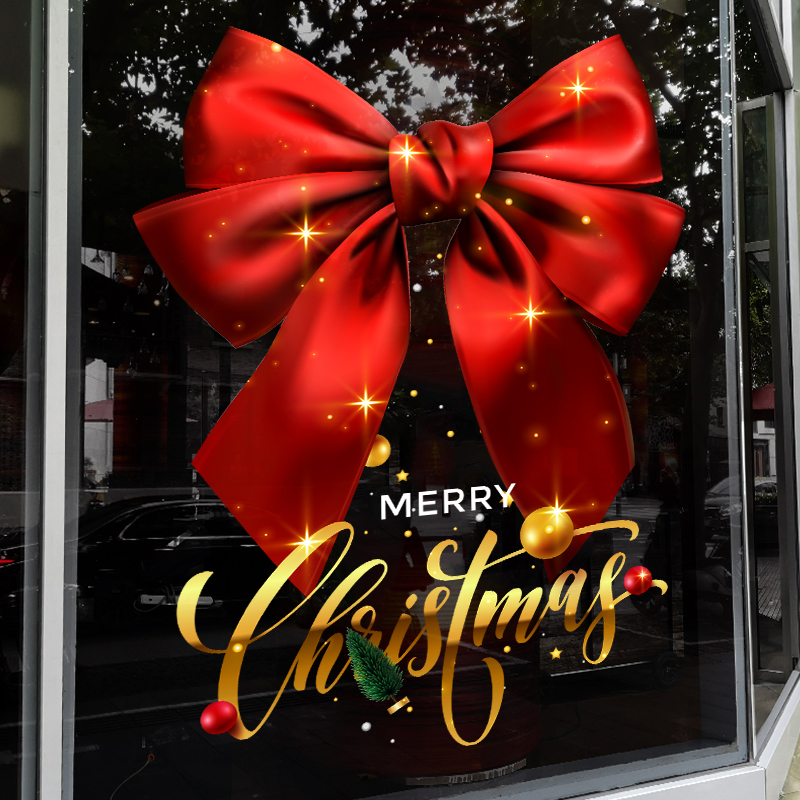 圣诞装饰品玻璃门贴纸元旦节日蝴蝶结酒店店面氛围布置静电橱窗贴