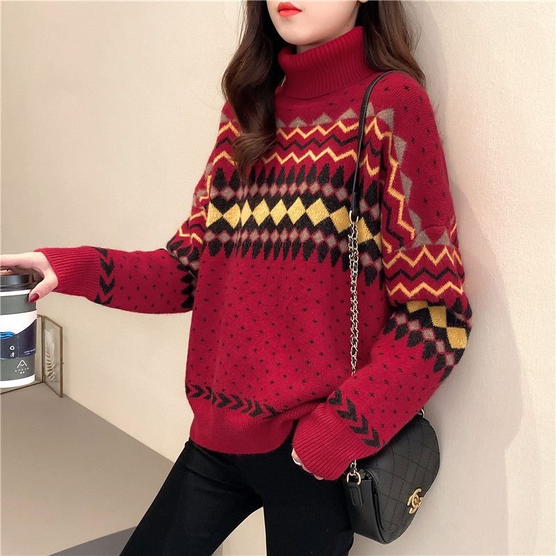 秋冬女士高领红色毛衣2021年新款爆款韩版时尚宽松百搭打底针织衫