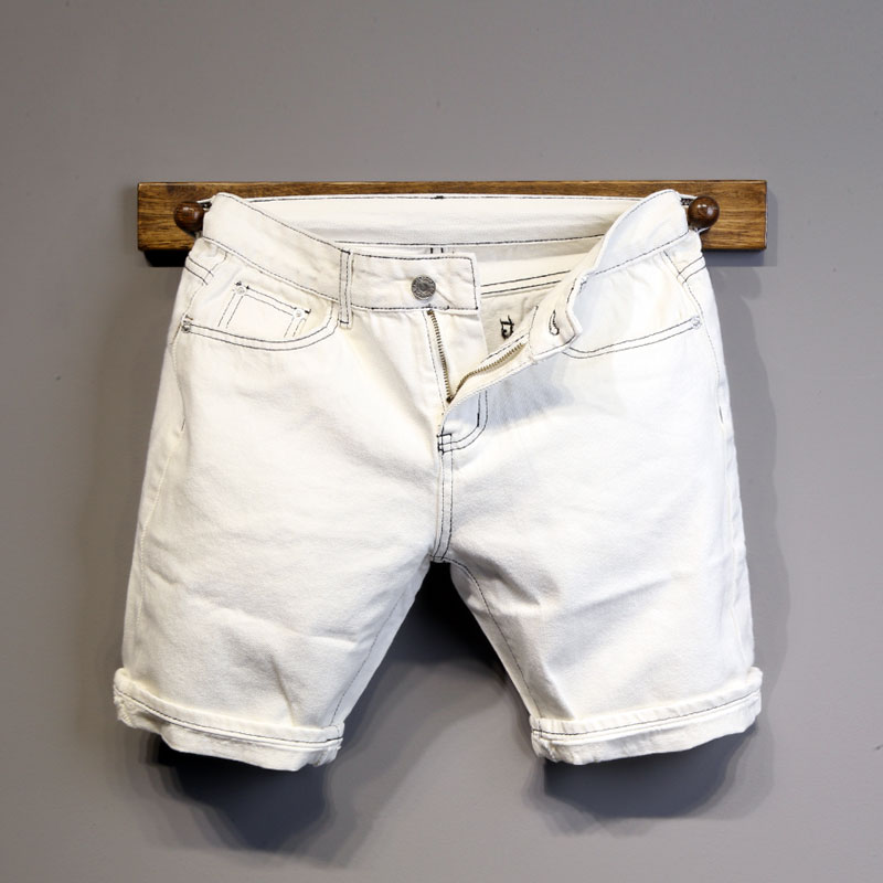原创设计个性缉明线拼色修身白色牛仔短裤男士夏季潮流百搭五分裤