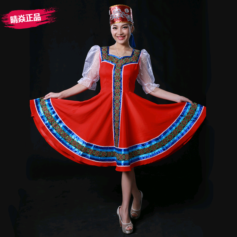少数民族俄罗斯族服装红色演出女连衣裙套装舞台舞蹈服装礼仪服装