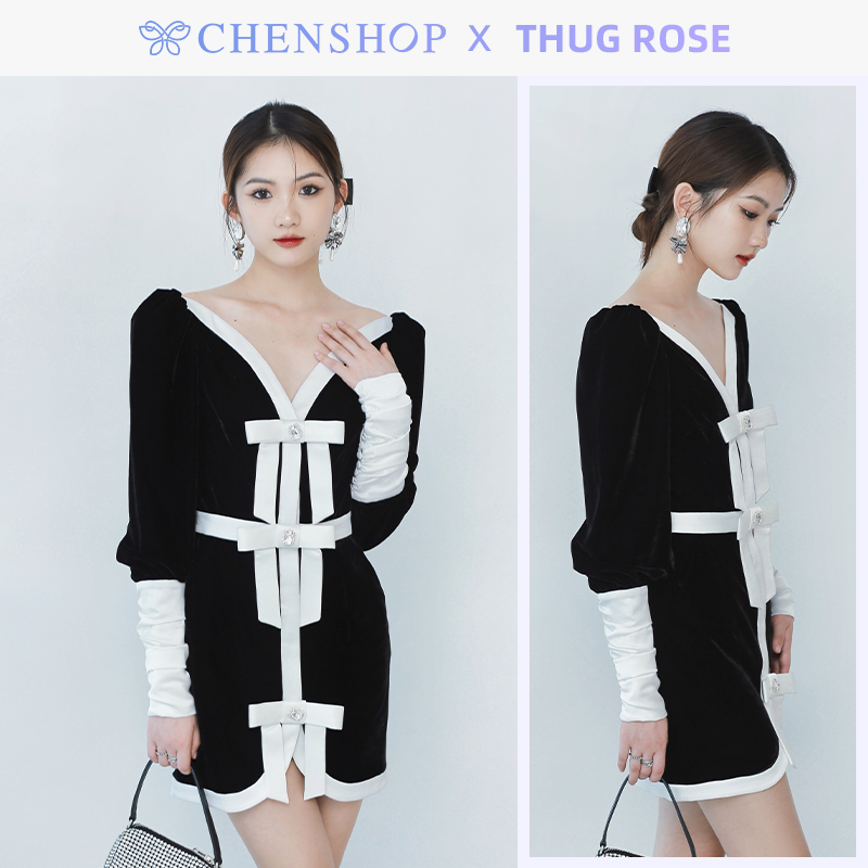 THUG ROSE蒙德里安风格黑色丝绒连身裙秋冬CHENSHOP设计师品牌