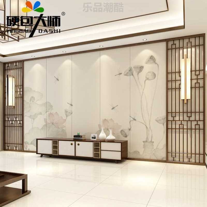 新中式花鸟墙布卧室客厅古典荷花硬包背景墙沙发卧室床头板软包