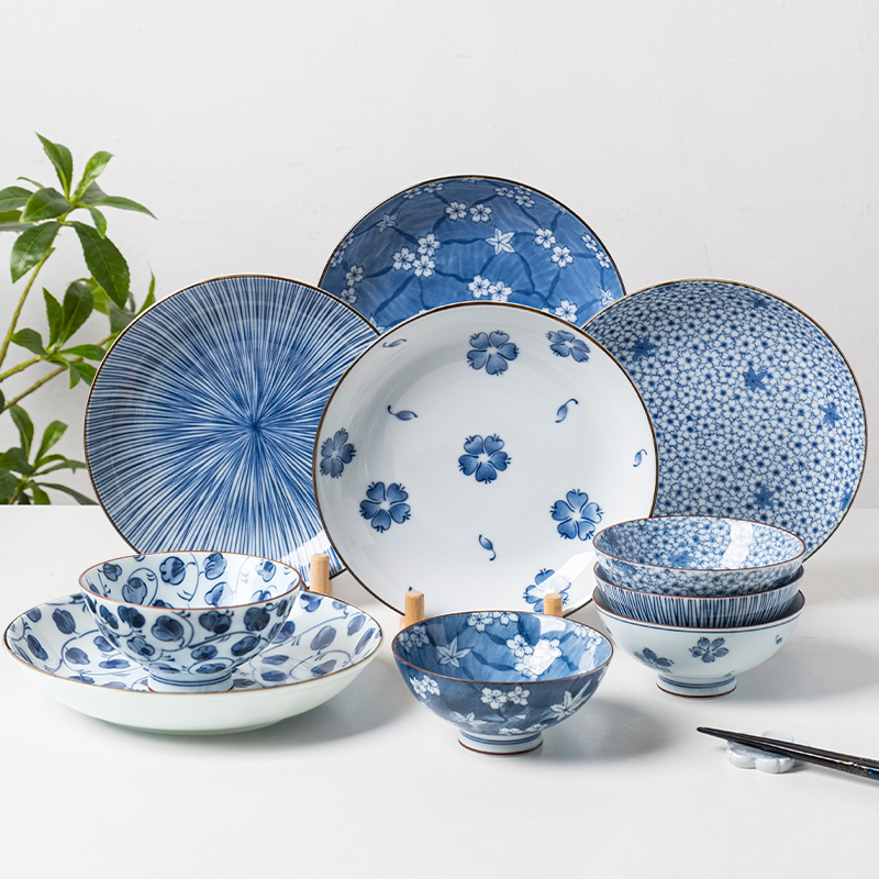 小鹿田烧 日本进口蓝绘变小碗日式家用碗碟汤碗深盘10件送礼套装