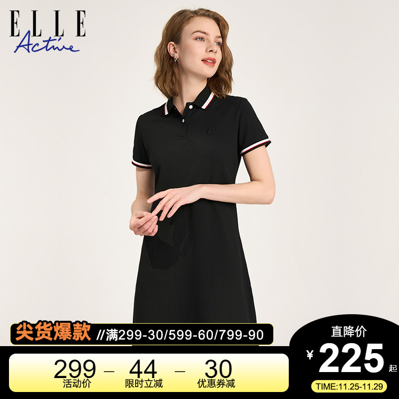 ELLE Active2022夏季新款百搭黑色polo连衣裙女装休闲运动小黑裙