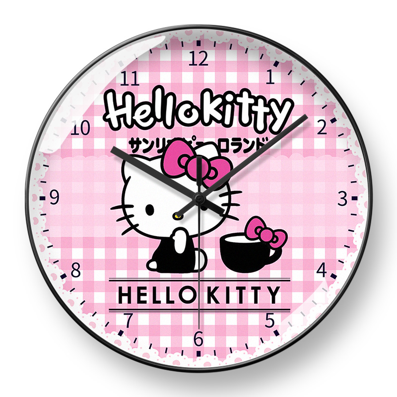 粉色女生可爱kt猫石英钟卡通童趣凯蒂猫儿童房挂钟好看自动对时画