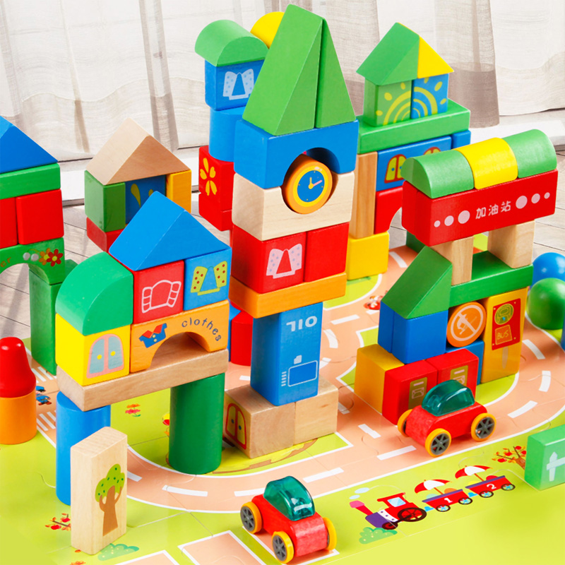 118大颗粒城市交通积木儿童场景拼搭木制堆搭益智木质玩具