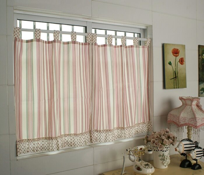 上新窗帘免打孔拉杆式条纹布艺厨房简易短布帘厕所小窗户浴室简约