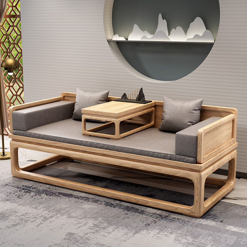 经典简约原木色老榆木沙发卧榻新中式床榻罗汉床实木后现代装饰。