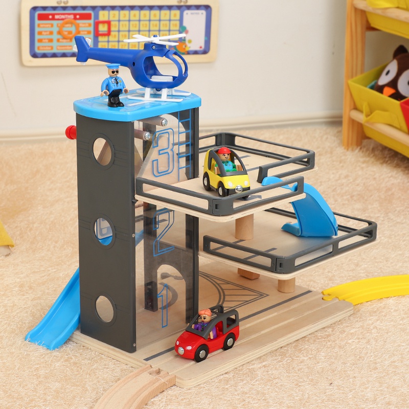 儿童木质仿真蓝色升降电梯停车场套装木质拼装益智轨道车玩具礼物