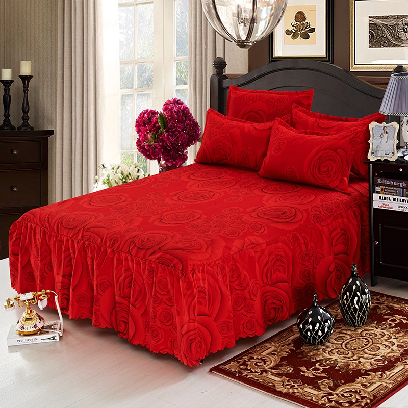 i韩版结婚庆大红色单件床裙床笠夏季床罩床单1.5m1.8m2米三四件套