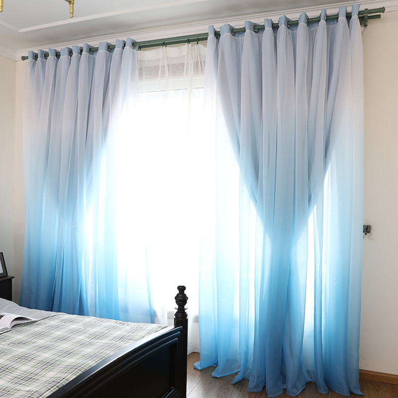 北欧双层渐变全遮光浅蓝色小清新客厅窗帘枚红公主风卧室成品布料