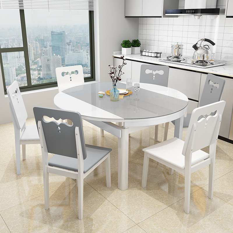 现代简约多功能钢化玻璃餐桌小户型家用实木可伸缩折叠餐桌椅组合