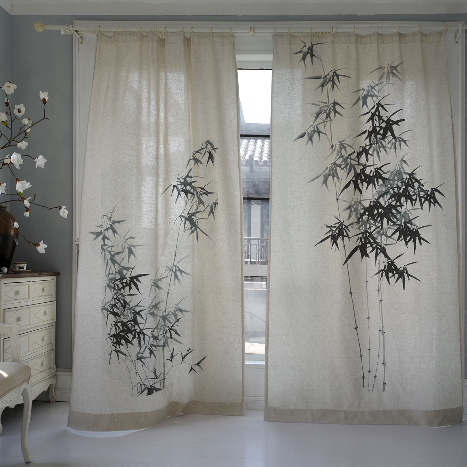 中式日式古典亚麻加厚遮光客厅茶室卧室高档个性成品定制窗帘墨竹