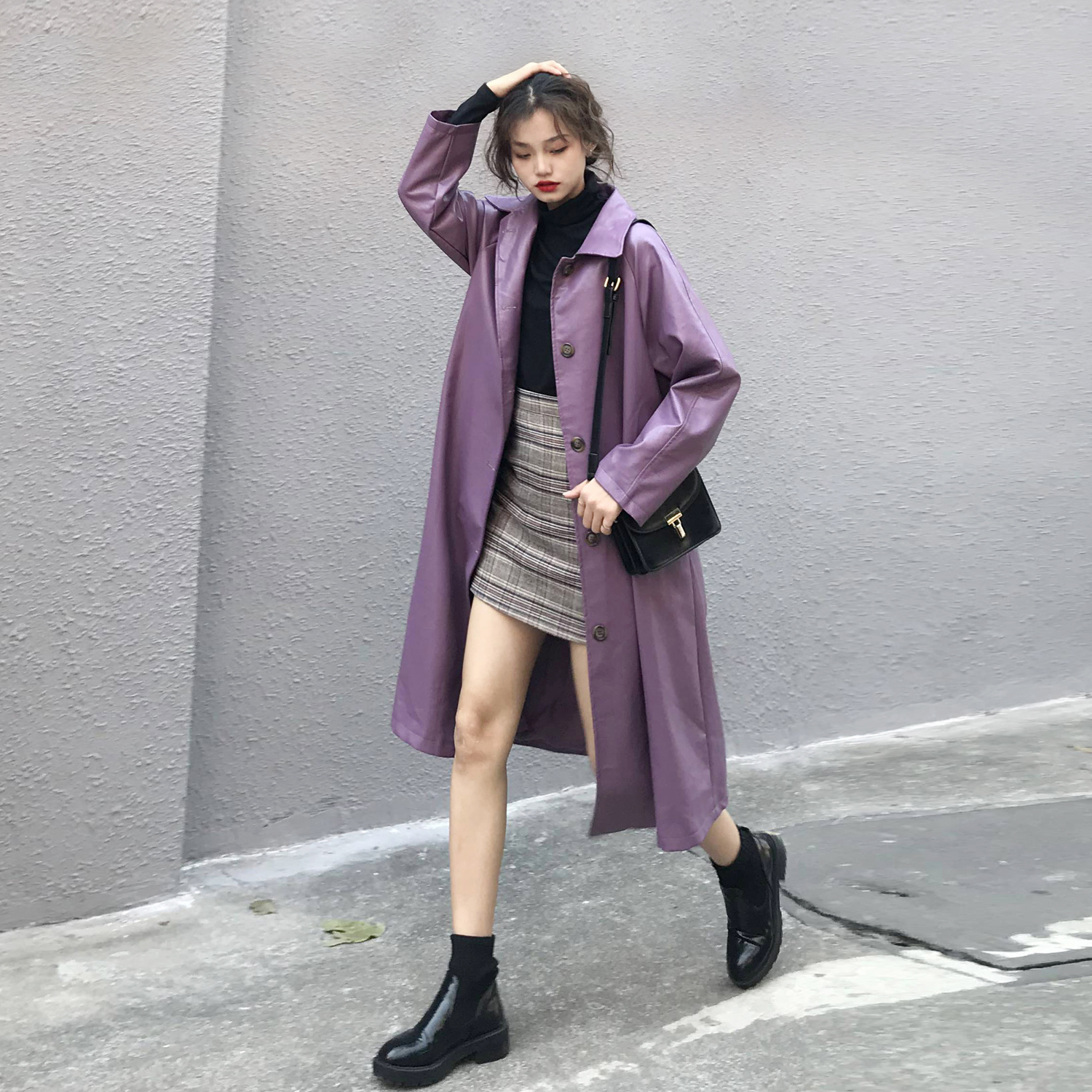 紫色皮衣外套女2020春秋韩版小个子中长款机车皮夹克外套